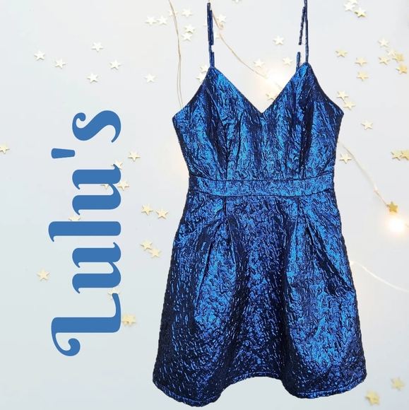 Lulu's Womens Mini Dress Sz XS Metallic Blue Jaquard Sleeveless Adj Straps FLAW - Picture 1 of 10